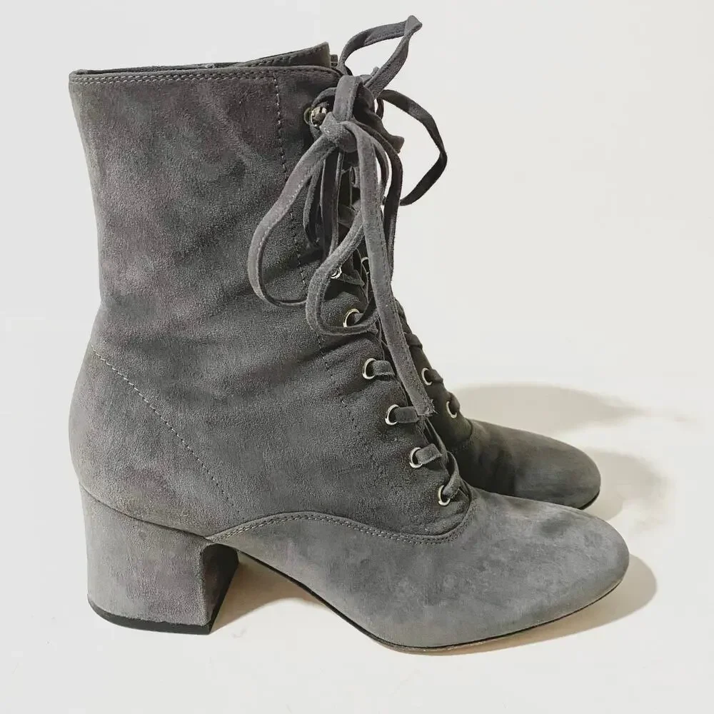 Gianvito Rossi Gray Suede Lace Up Boots Mackay Low Block Heel Ankle Zip sz 38